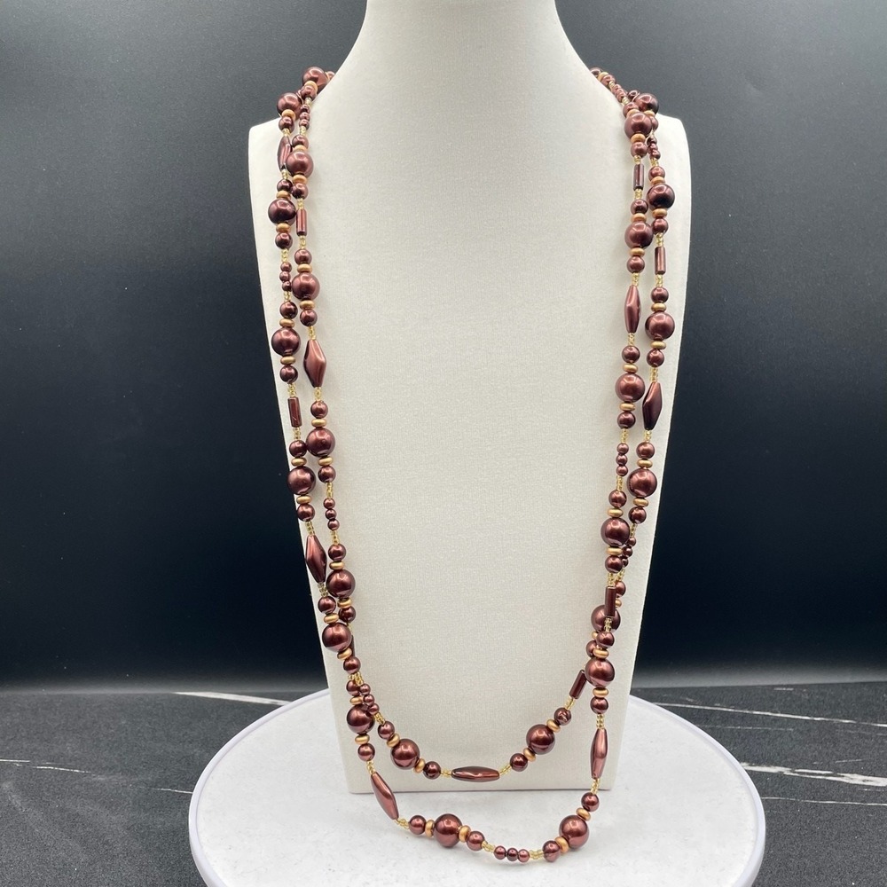 Vintage Burgundy Cord Classic Pearl Double Strand Beaded Lobster Long Necklace